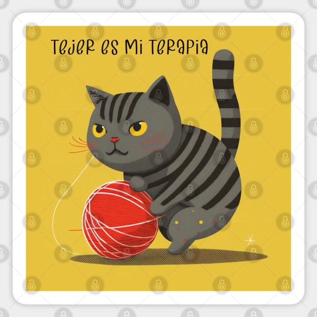 Knitting is my therapy - Drawing with kitten playing with ball Sticker by Kentokiyo